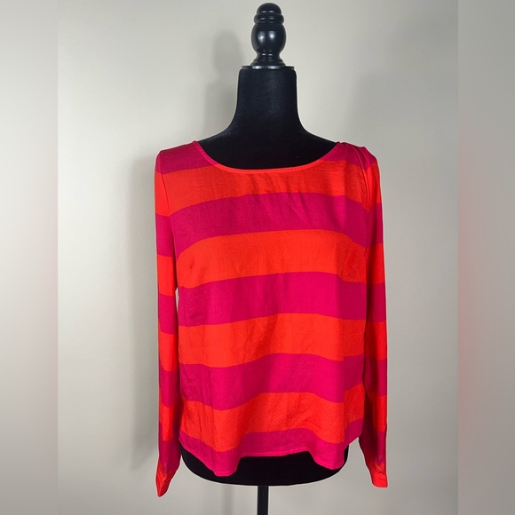 Y2K Pink and Orange Stripes Open Back Long Sleeved Blouse Shirt Color Block Top - Picture 1 of 17